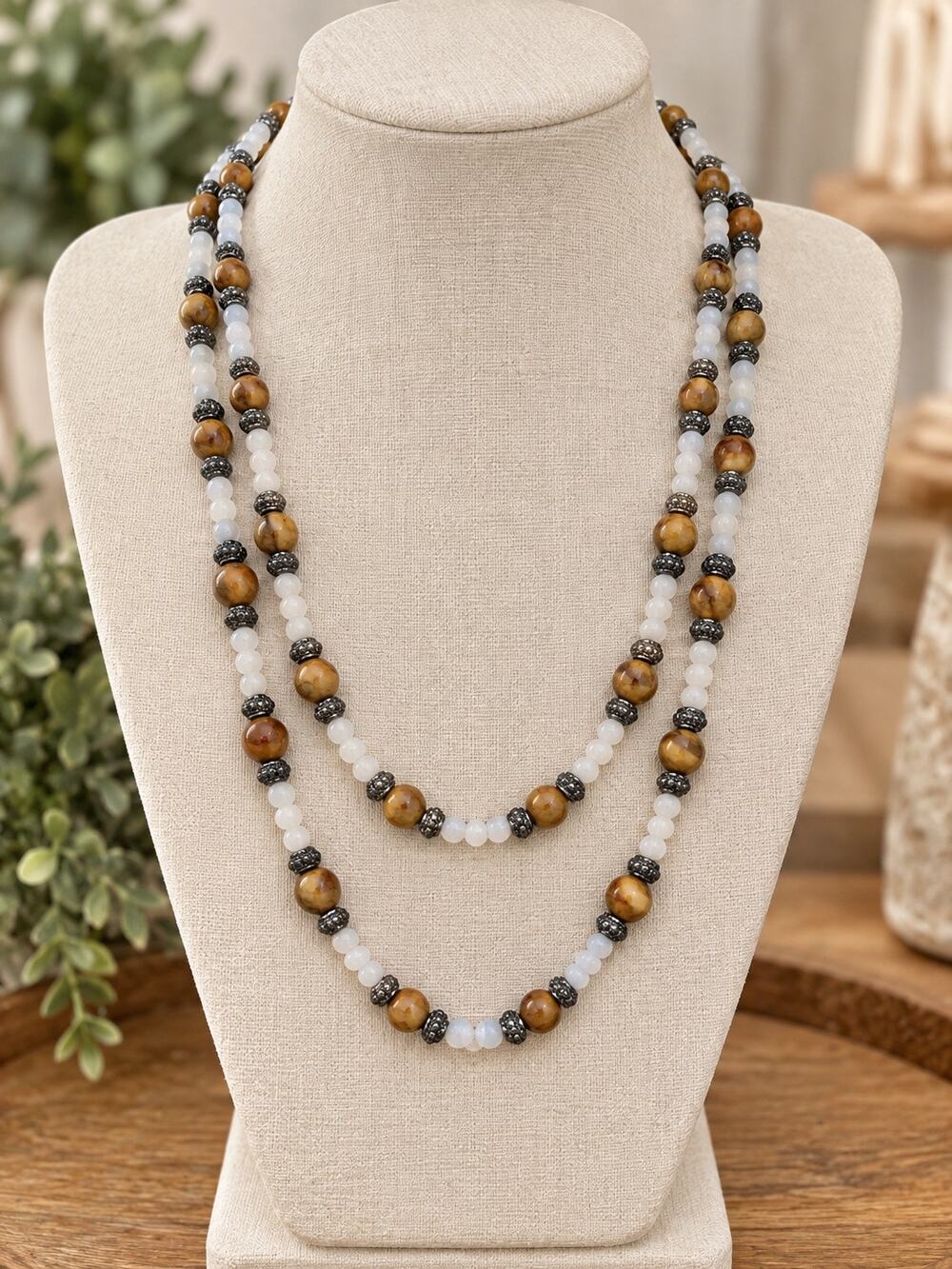 Sterling Silver Beaded Necklace Brown White Stone Glass Beads Long